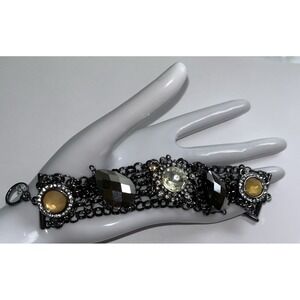 Industrial Glam Bracelet Edgy Metal‎ Base Wide Faceted Cabochon Rhinestone Goth